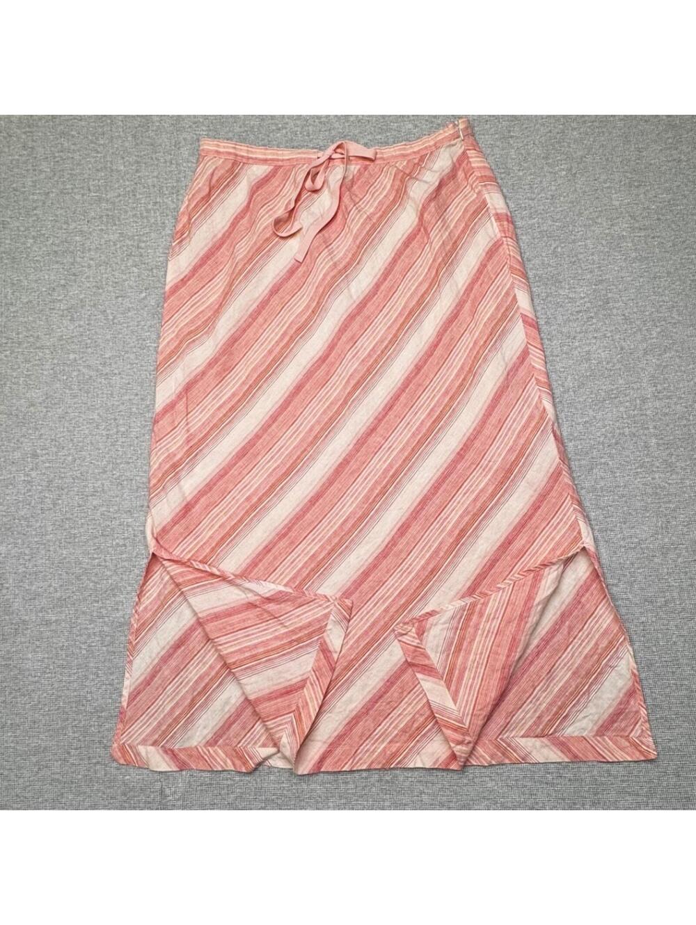 Linden Hill 100% Linen Pink White Striped Wrap Tie Front Midi Skirt Size M - Picture 3 of 5